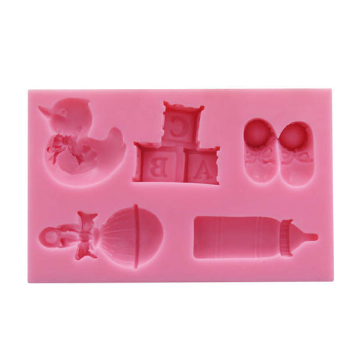  Silicone Baby Mold including rattle, duck, letter blocks, baby shoes, baby bottle