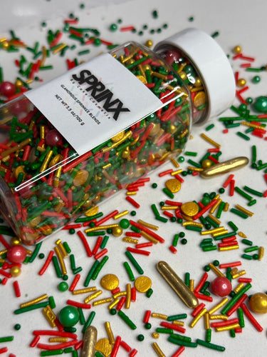 CHRISTMAS THEMED SPRINKLES. VARIETY SHAPED. GOLD RED GREEN METALLIC GOLD