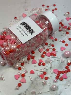 VALENTINES THEMED SPRINKLES RED PINK AND WHITE HEARTS, RODS AND ROUND SHAPED
